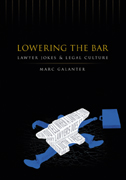 cover of Lowering the Bar is black, with an illustration of a blue man with a briefcase crushed by a white anvil, inscribed with a lawyer joke